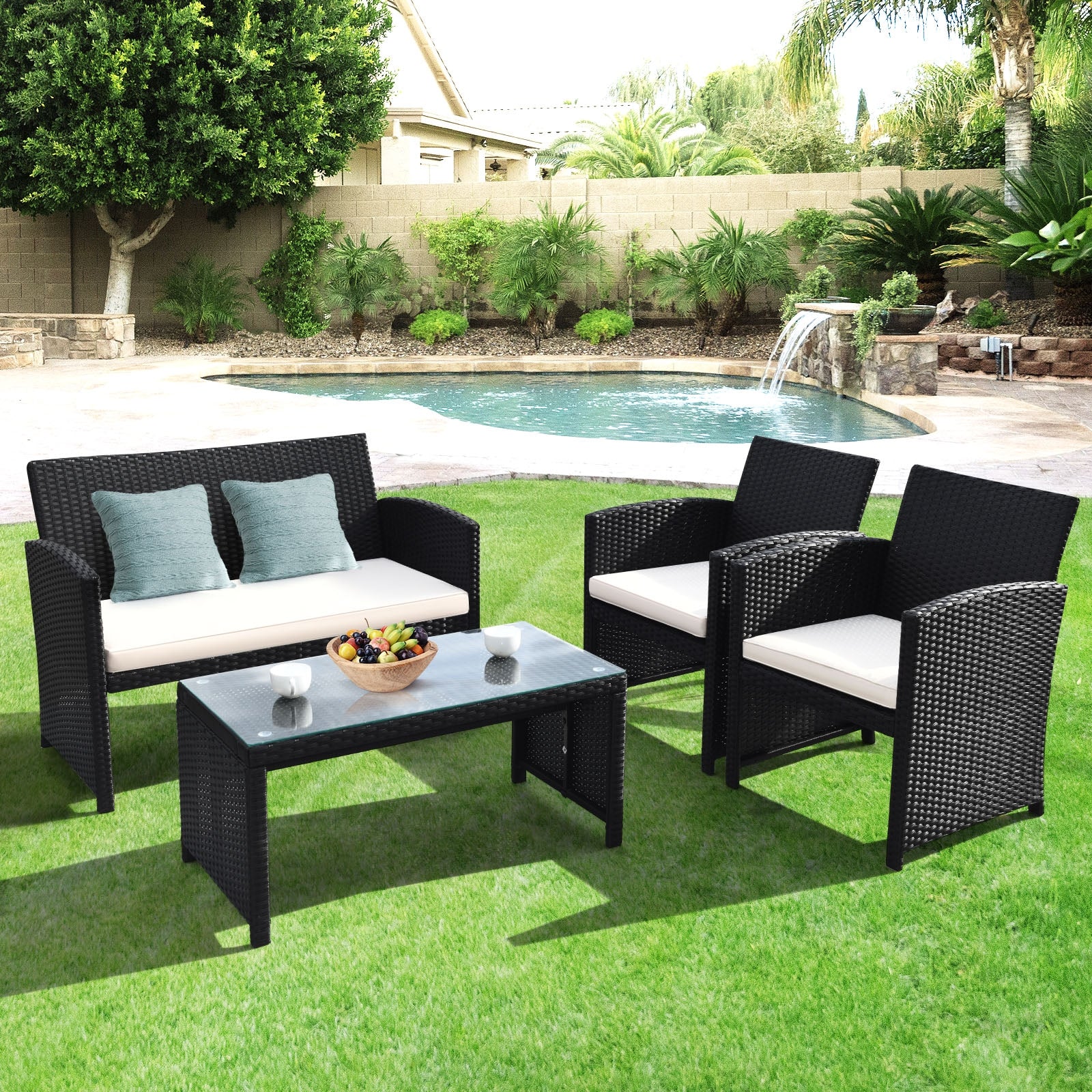 4 Piece Rattan Patio Set, Weather Resistant Cushions, Tempered Glass Tabletop, White Patio Conversation Sets at Gallery Canada