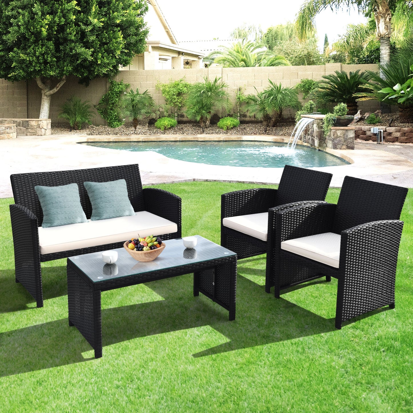 4 Piece Rattan Patio Set, Weather Resistant Cushions, Tempered Glass Tabletop, White Patio Conversation Sets at Gallery Canada