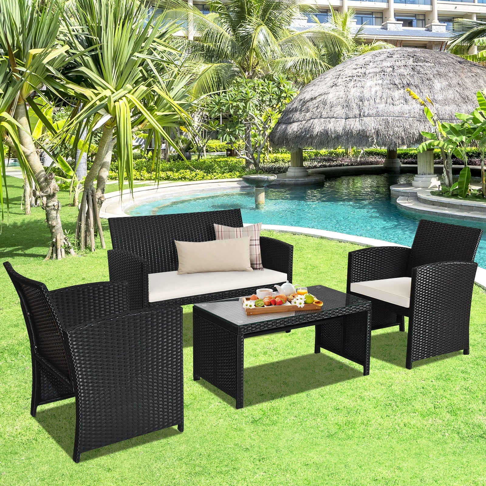 4 Piece Rattan Patio Set, Weather Resistant Cushions, Tempered Glass Tabletop, White Patio Conversation Sets at Gallery Canada