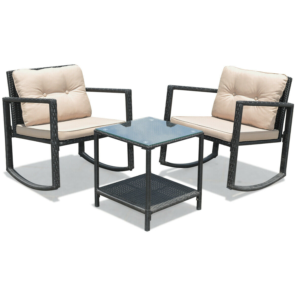 Wicker Rocking Bistro Set, 3 Pieces, Glass Coffee Table, Storage Shelf, Beige Patio Conversation Sets at Gallery Canada