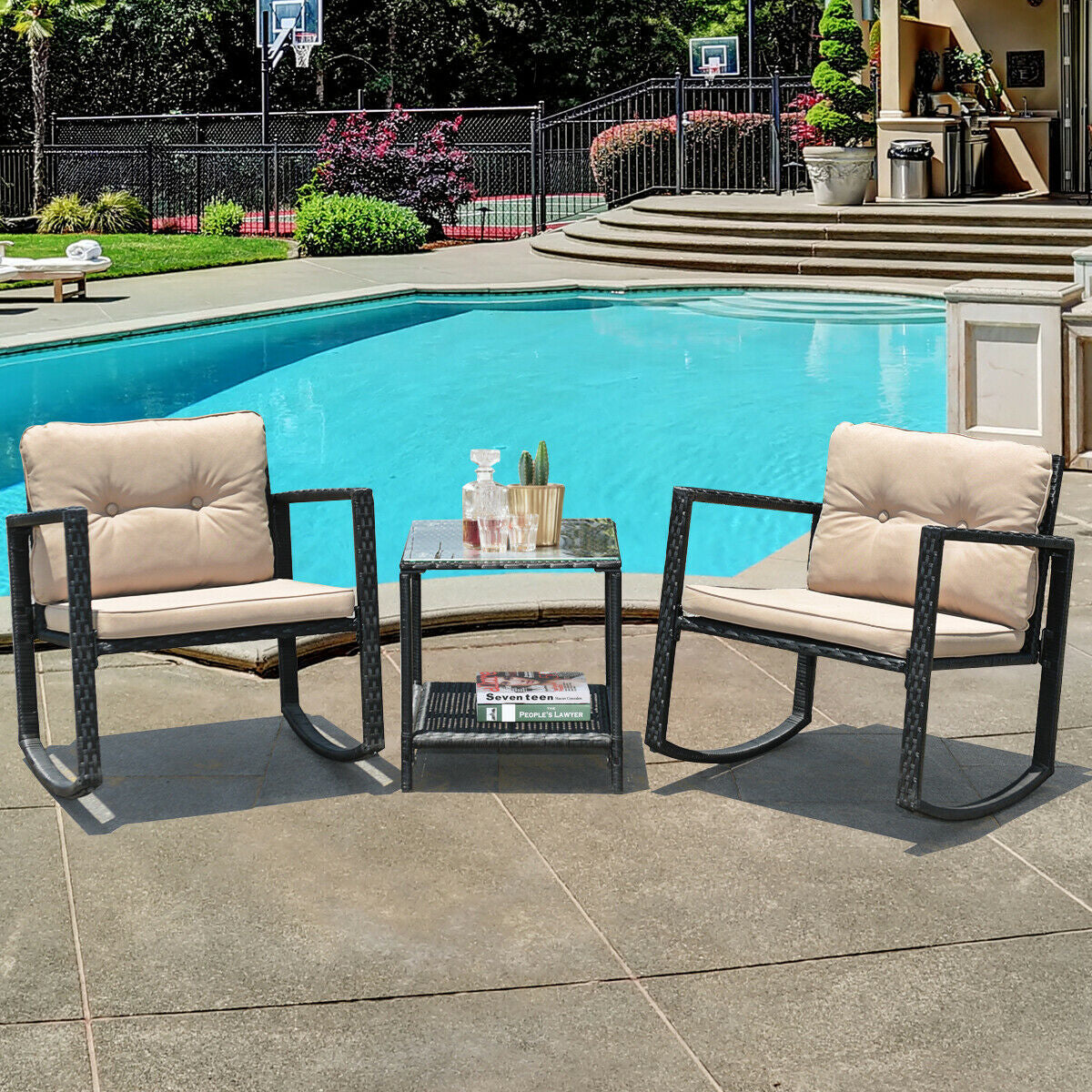 Wicker Rocking Bistro Set, 3 Pieces, Glass Coffee Table, Storage Shelf, Beige Patio Conversation Sets at Gallery Canada
