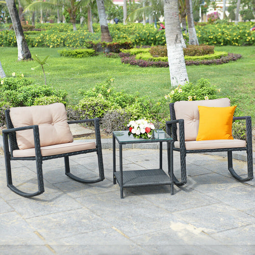 Wicker Rocking Bistro Set, 3 Pieces, Glass Coffee Table, Storage Shelf, Beige