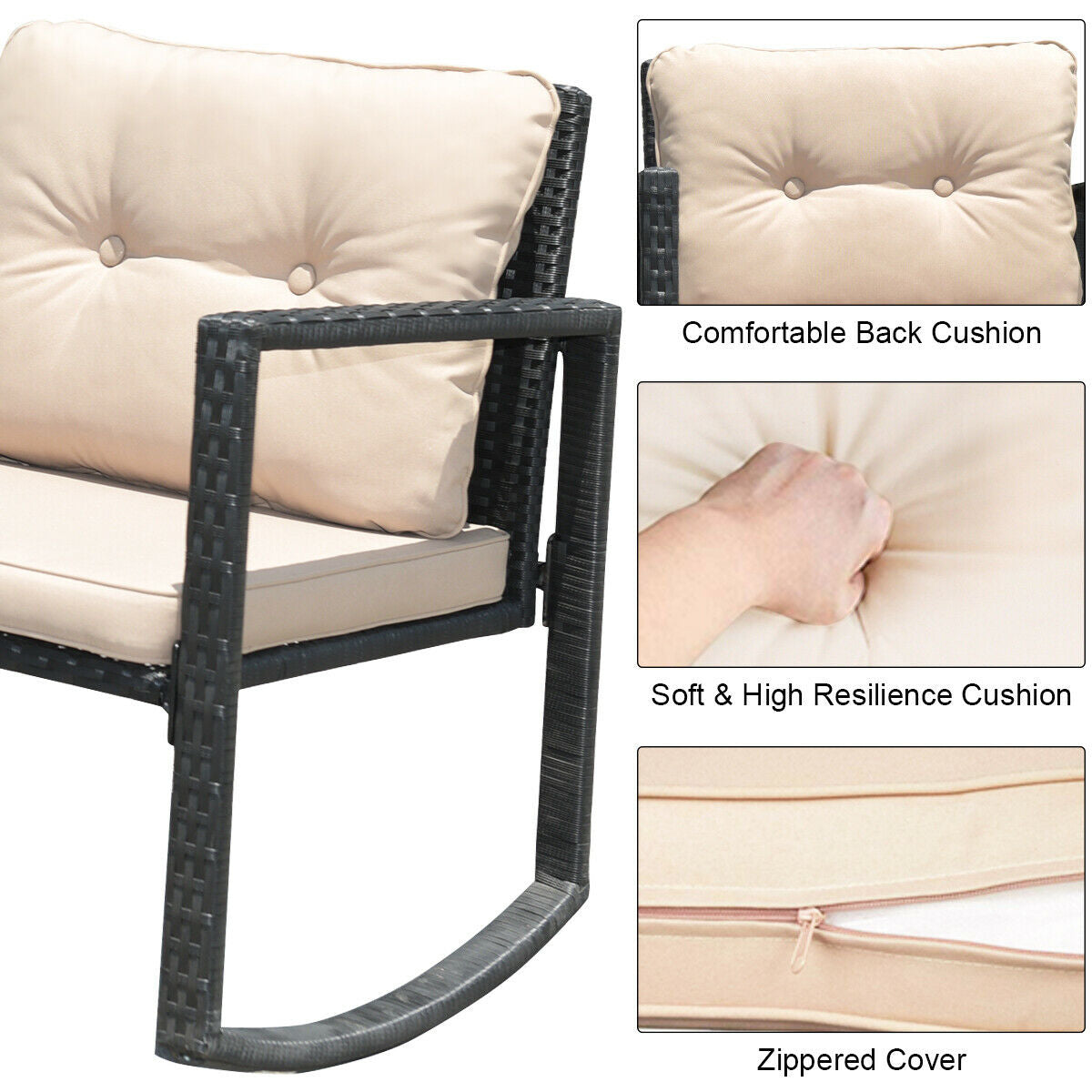 Wicker Rocking Bistro Set, 3 Pieces, Glass Coffee Table, Storage Shelf, Beige Patio Conversation Sets at Gallery Canada