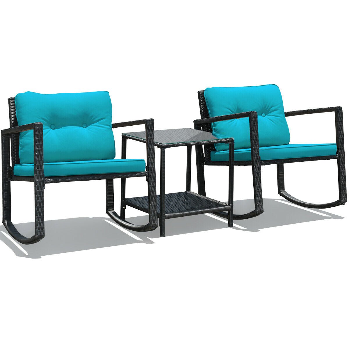 Wicker Rocking Bistro Set, Glass Coffee Table, Storage Shelf, Blue Patio Conversation Sets at Gallery Canada