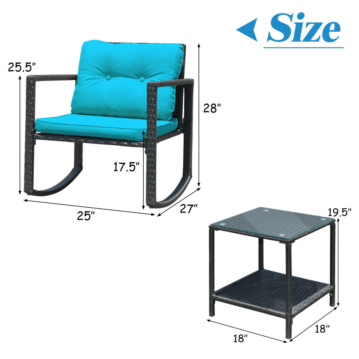 Wicker Rocking Bistro Set, Glass Coffee Table, Storage Shelf, Blue Patio Conversation Sets at Gallery Canada