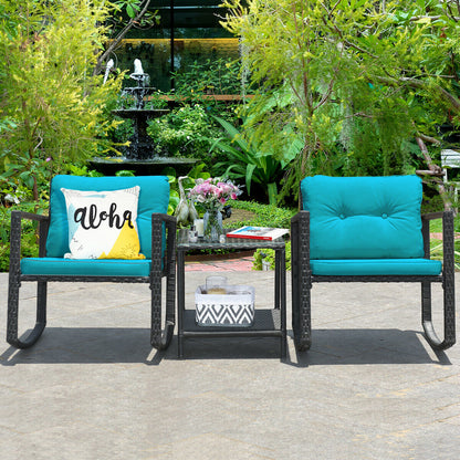 Wicker Rocking Bistro Set, Glass Coffee Table, Storage Shelf, Blue Patio Conversation Sets at Gallery Canada