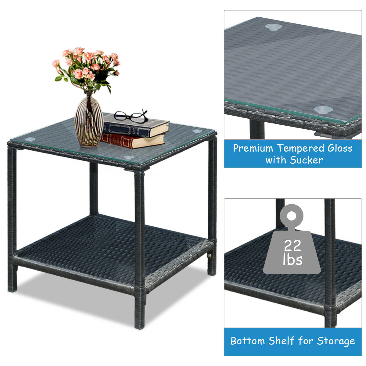 Wicker Rocking Bistro Set, Glass Coffee Table, Storage Shelf, Blue Patio Conversation Sets at Gallery Canada