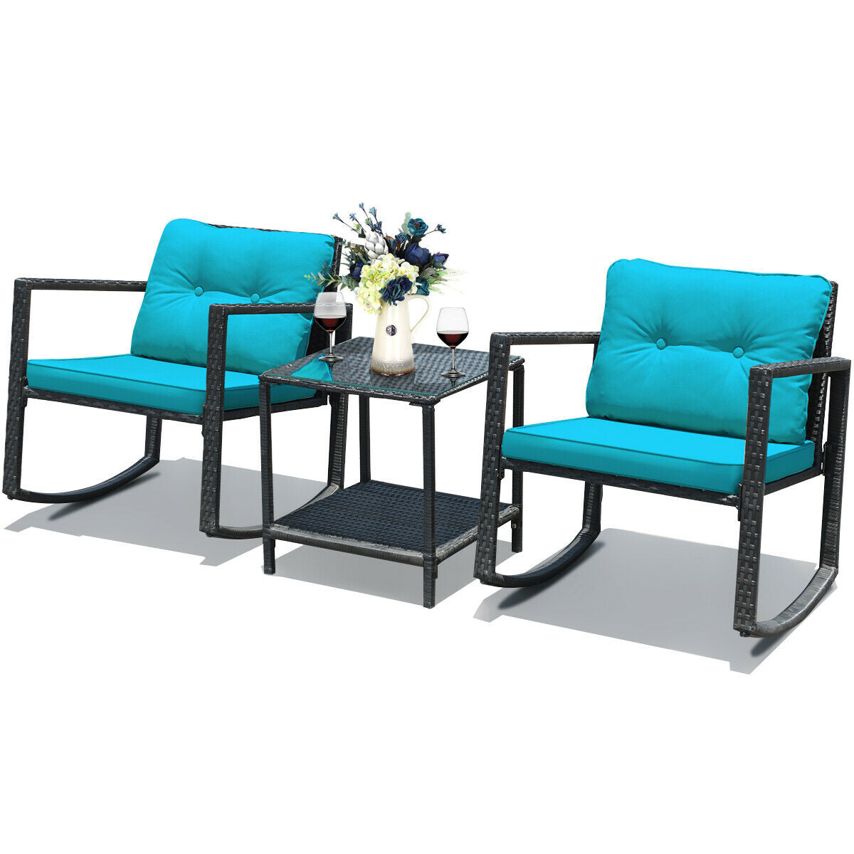 Wicker Rocking Bistro Set, Glass Coffee Table, Storage Shelf, Blue Patio Conversation Sets at Gallery Canada