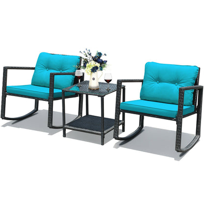 Wicker Rocking Bistro Set, Glass Coffee Table, Storage Shelf, Blue Patio Conversation Sets at Gallery Canada