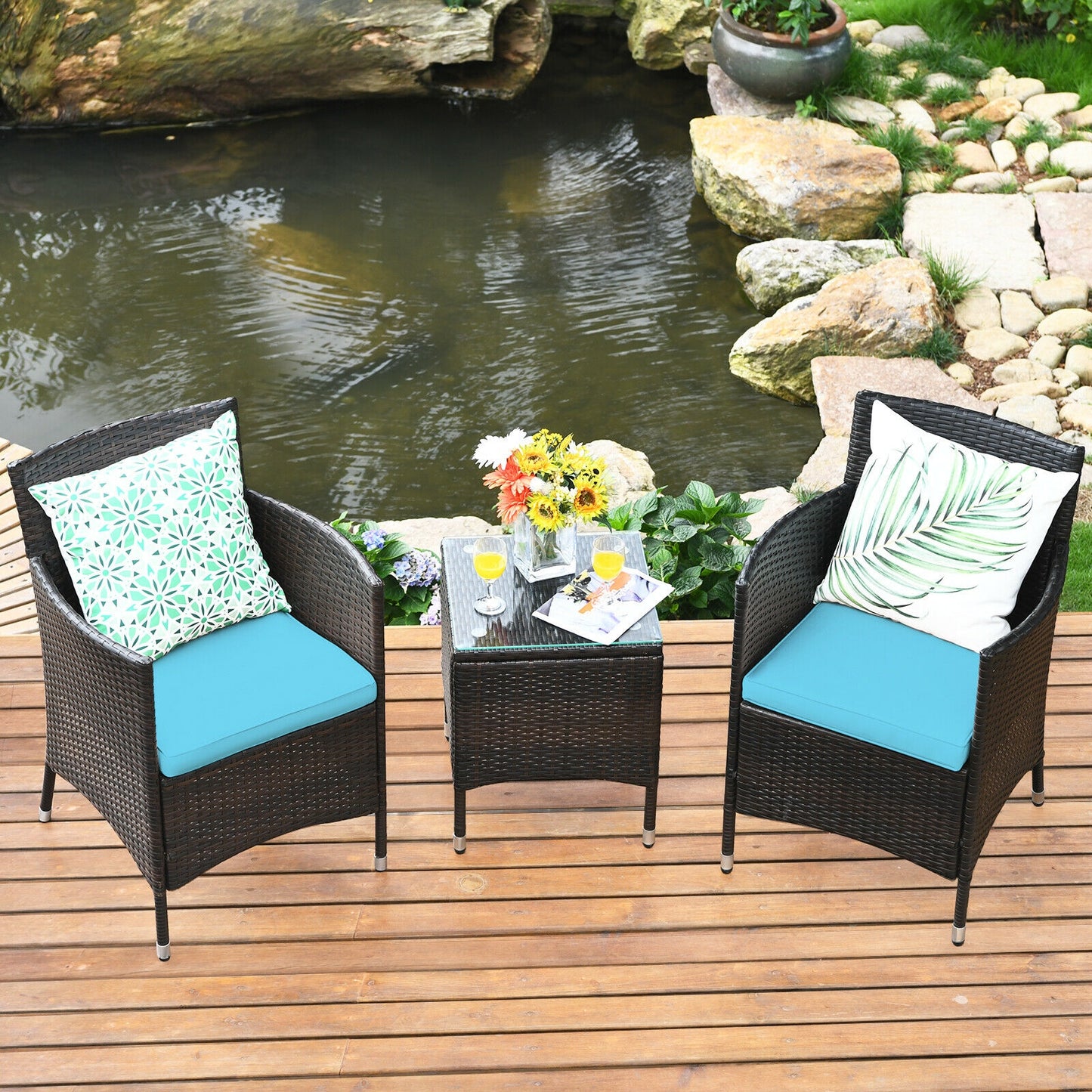 3 Pcs Patio Furniture Set, Outdoor Wicker Rattan, Blue Patio Conversation Sets at Gallery Canada