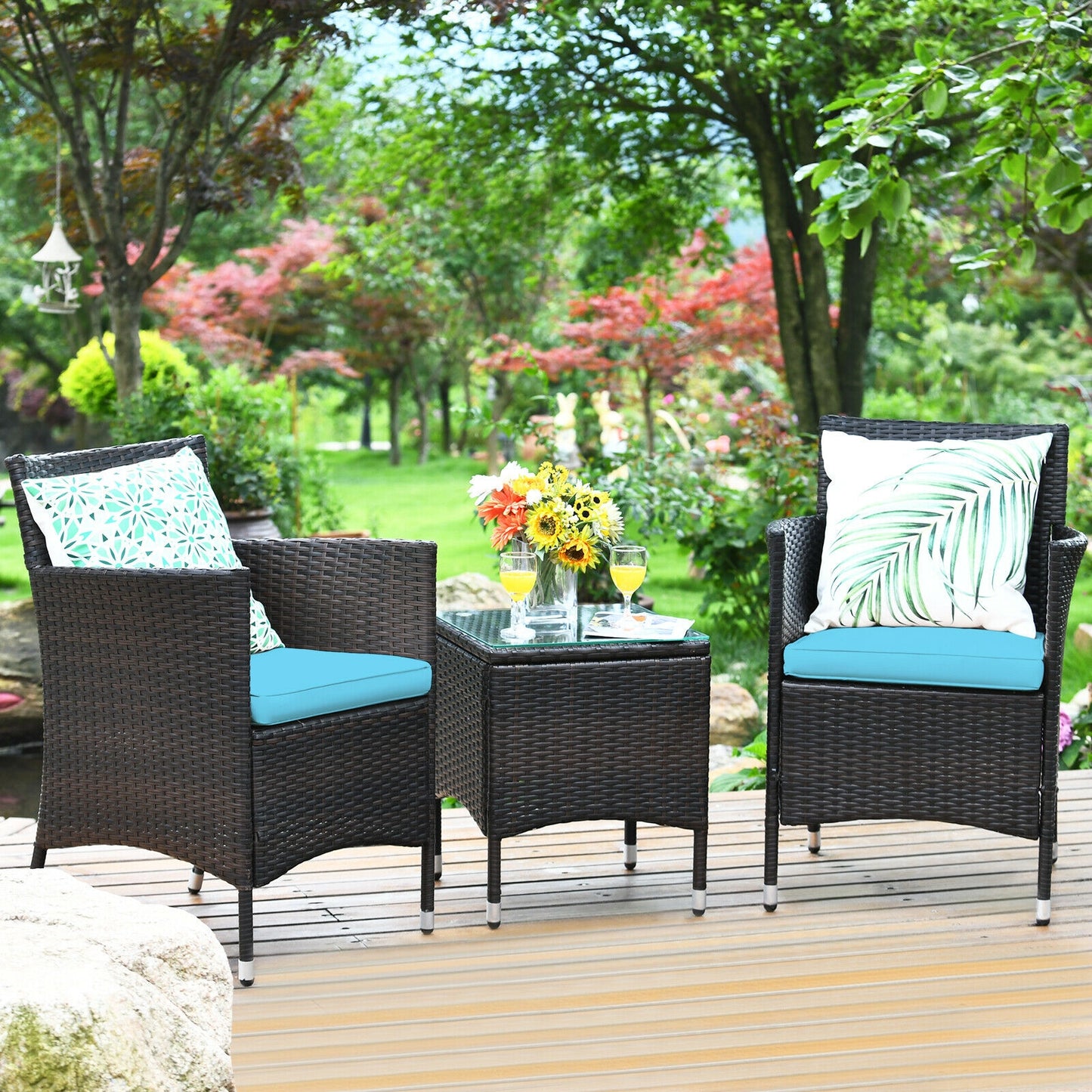 3 Pcs Patio Furniture Set, Outdoor Wicker Rattan, Blue Patio Conversation Sets at Gallery Canada