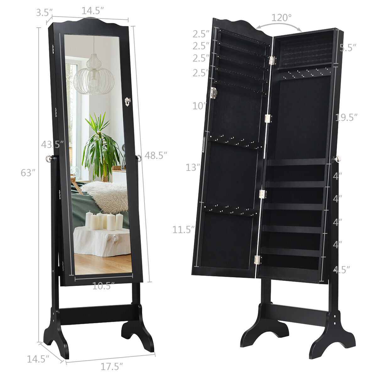 Mirrored Lockable Jewelry Cabinet Armoire, Black Jewelry Armoires at Gallery Canada
