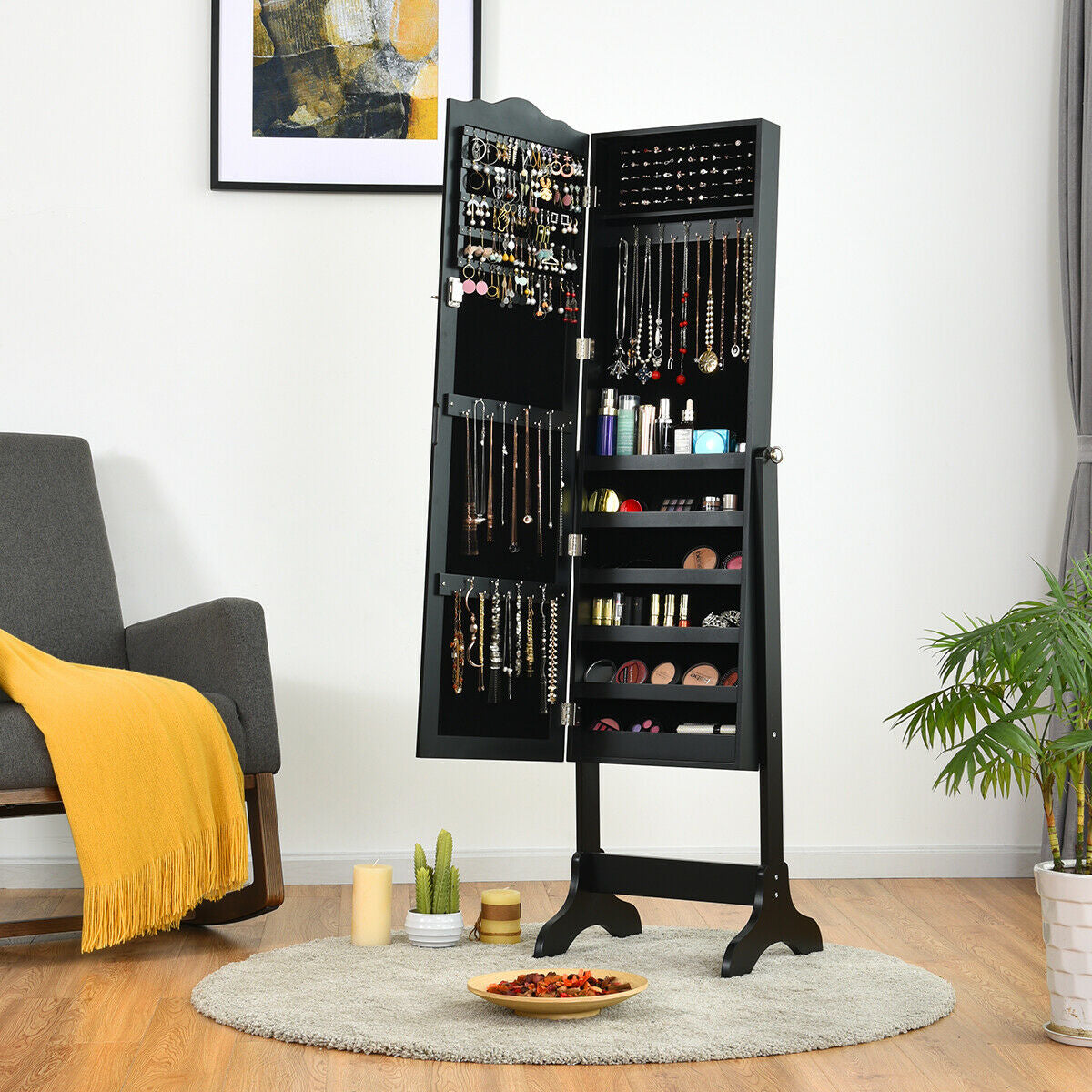 Mirrored Lockable Jewelry Cabinet Armoire, Black Jewelry Armoires at Gallery Canada