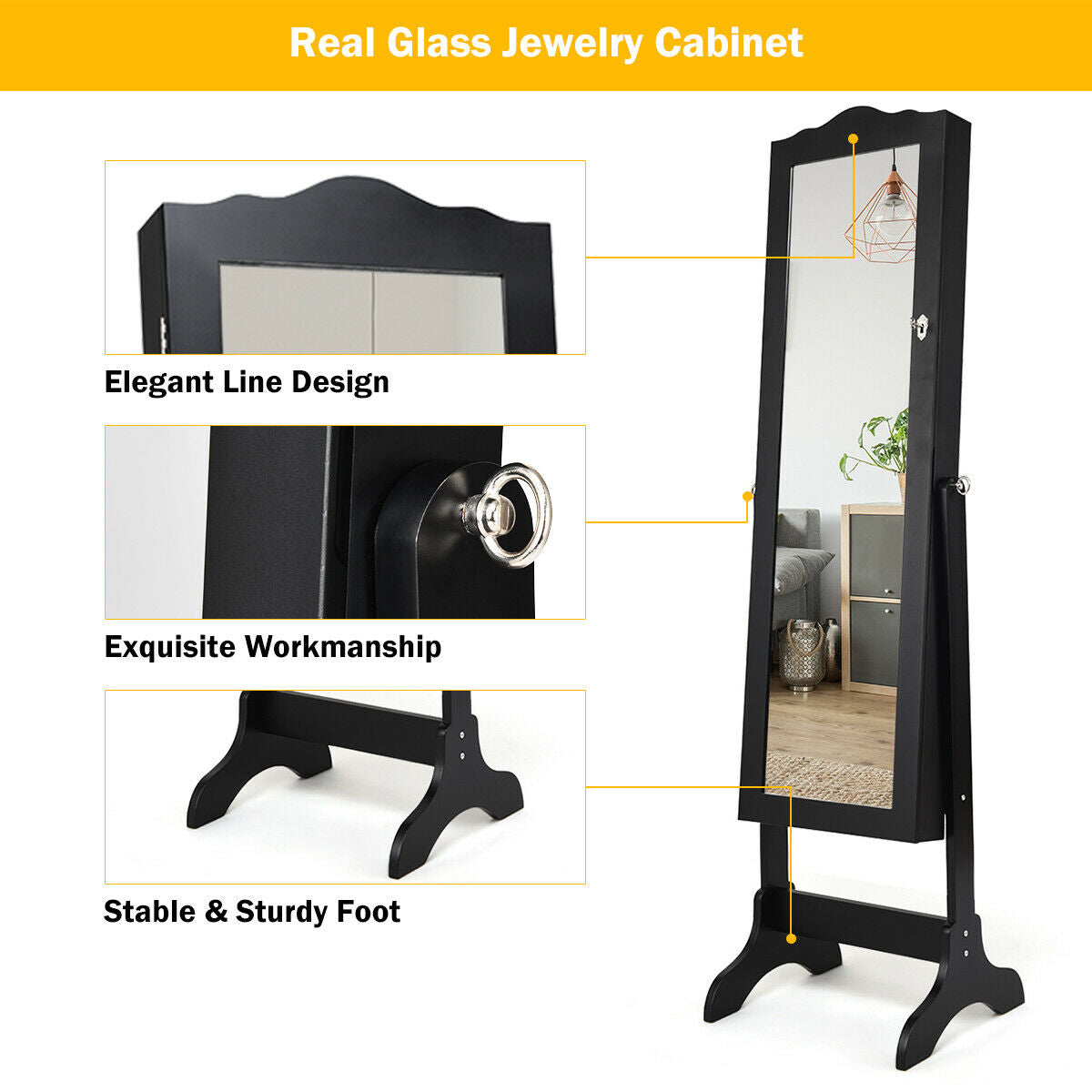 Mirrored Lockable Jewelry Cabinet Armoire, Black Jewelry Armoires at Gallery Canada