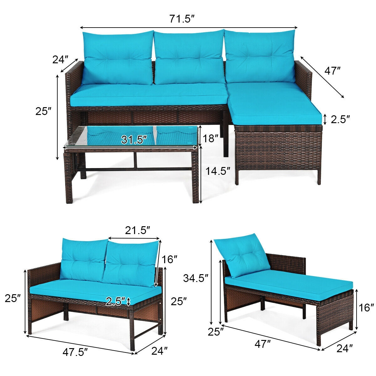 3 Piece Patio Wicker Rattan Sofa Set, Turquoise Patio Conversation Sets at Gallery Canada