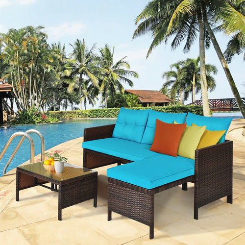 3 Piece Patio Wicker Rattan Sofa Set, Turquoise
