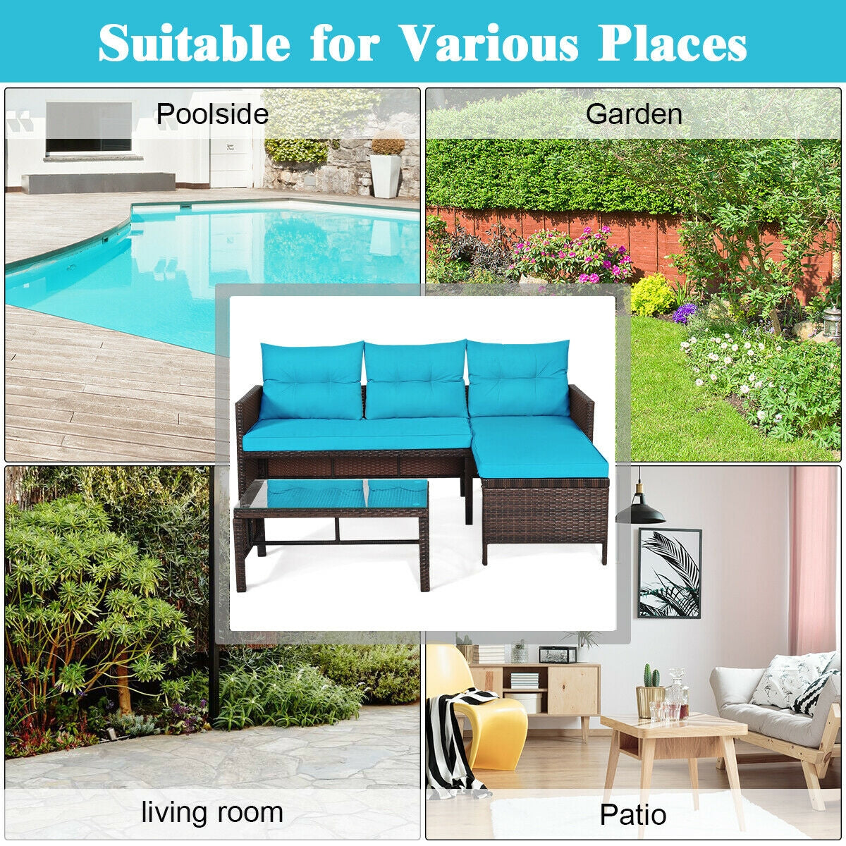 3 Piece Patio Wicker Rattan Sofa Set, Turquoise Patio Conversation Sets at Gallery Canada