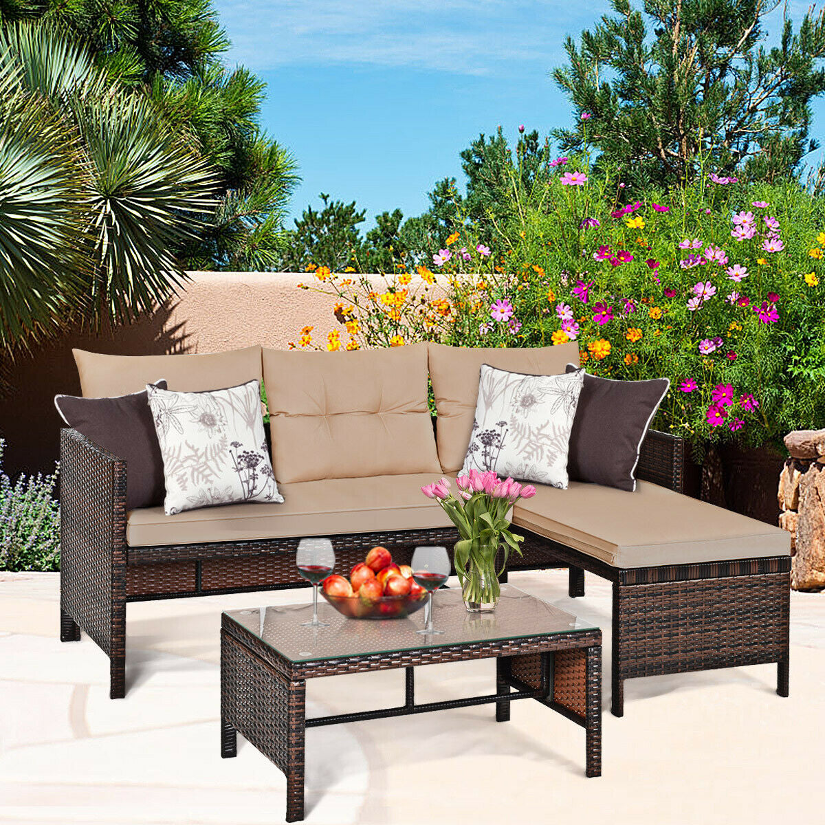 3 Piece Patio Wicker Rattan Sofa Set, Beige Patio Conversation Sets at Gallery Canada
