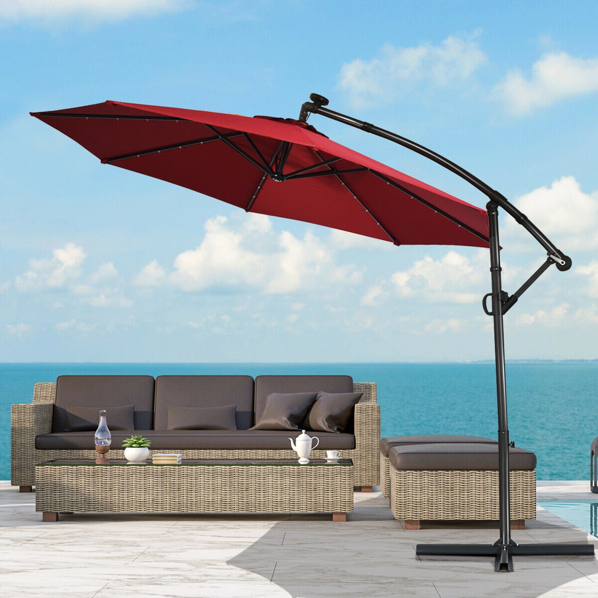10 ft 360° Rotation Solar Powered LED Patio Offset Umbrella without Weight Base, Dark Red Outdoor Umbrellas at Gallery Canada