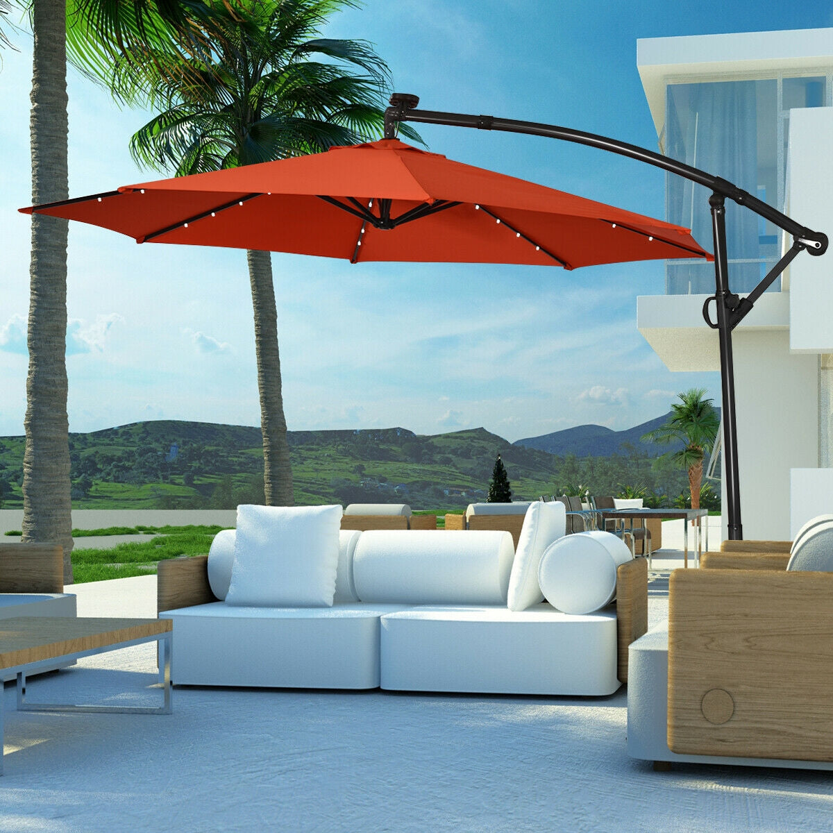 10 ft Solar Powered LED Patio Umbrella, 360° Rotation, Orange Outdoor Umbrellas at Gallery Canada