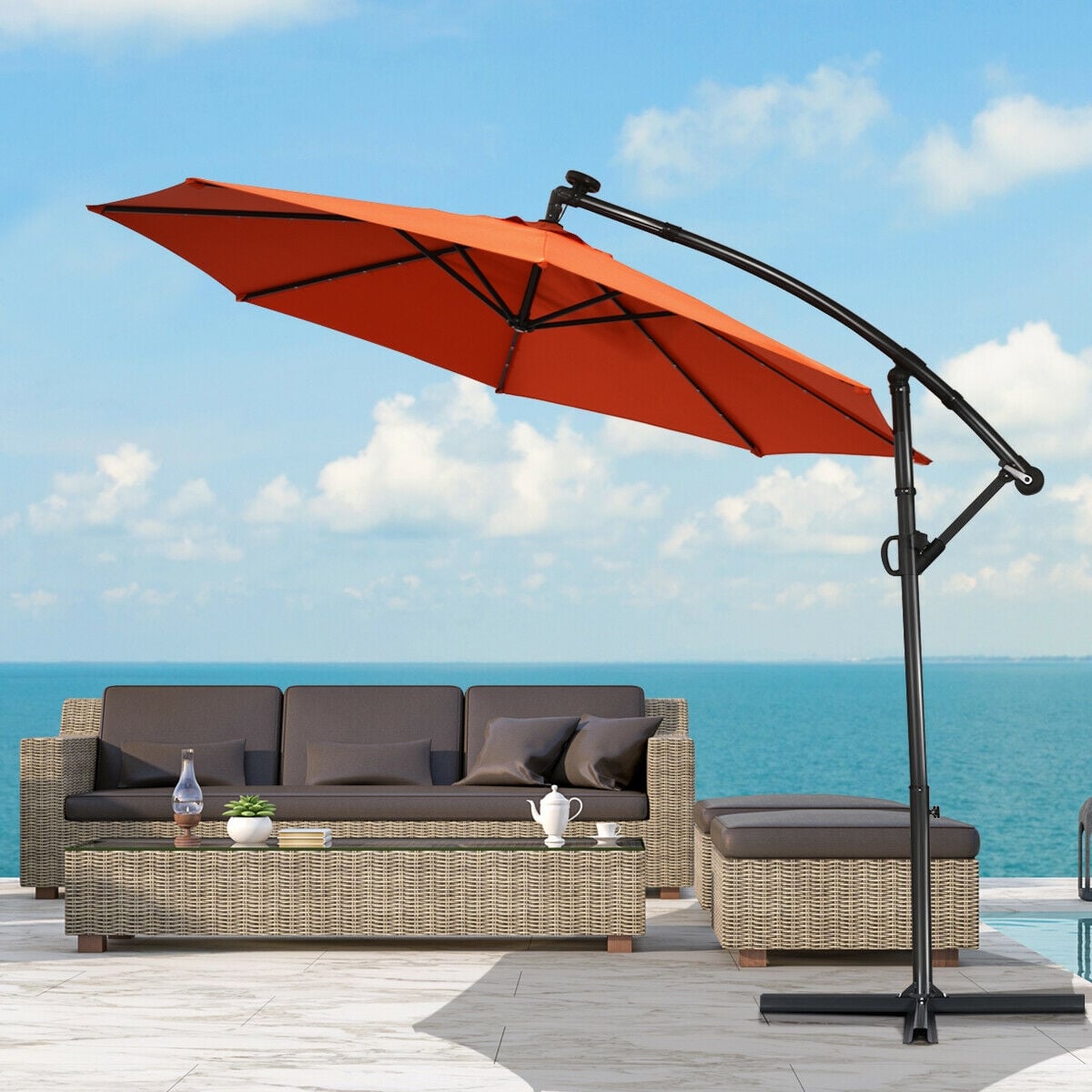 10 ft Solar Powered LED Patio Umbrella, 360° Rotation, Orange Outdoor Umbrellas at Gallery Canada