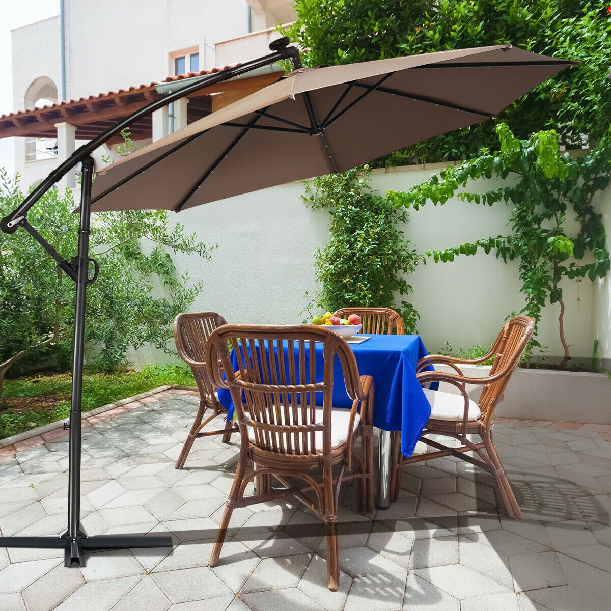 10 ft 360° Solar LED Patio Umbrella, Tan Outdoor Umbrellas at Gallery Canada