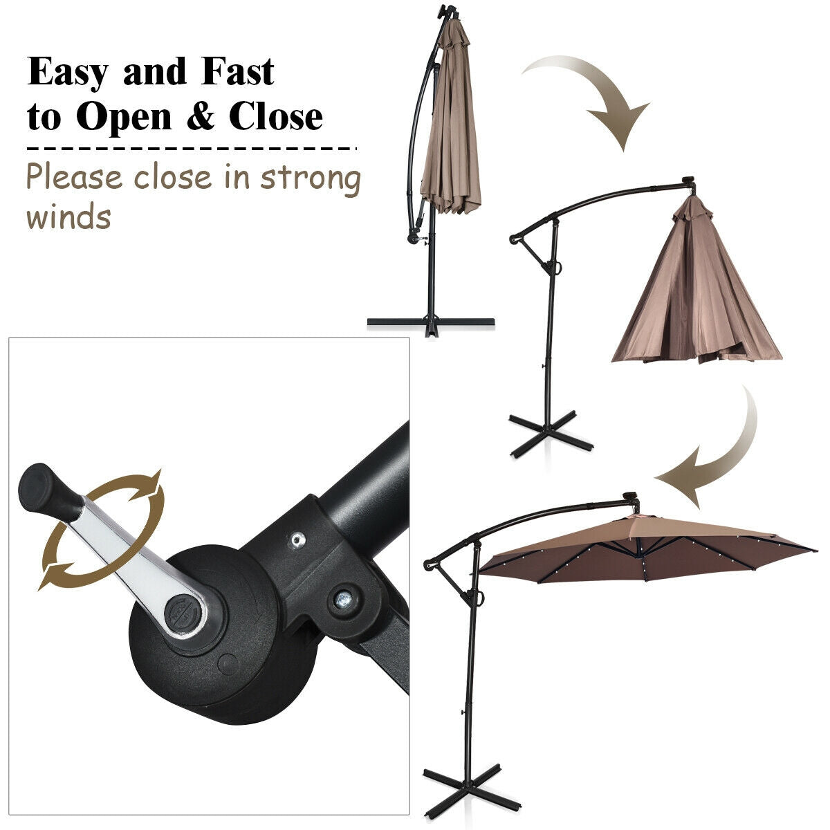10 ft 360° Solar LED Patio Umbrella, Tan Outdoor Umbrellas at Gallery Canada