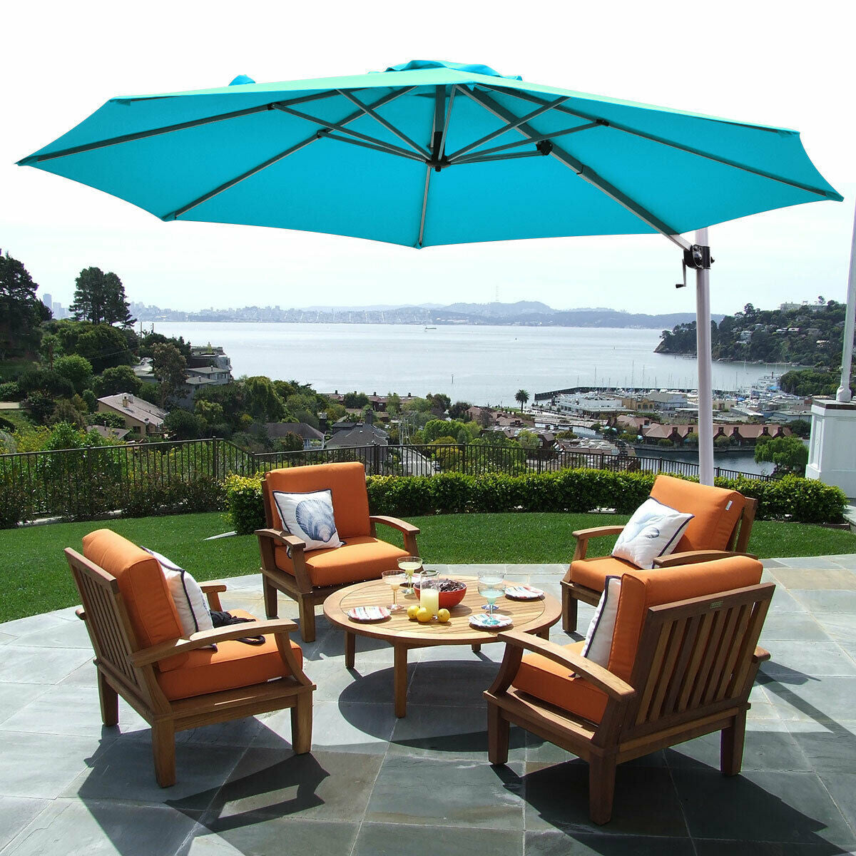 11 Feet Patio Offset Cantilever Umbrella 360° Rotation Aluminum Tilt, Blue Outdoor Umbrellas at Gallery Canada