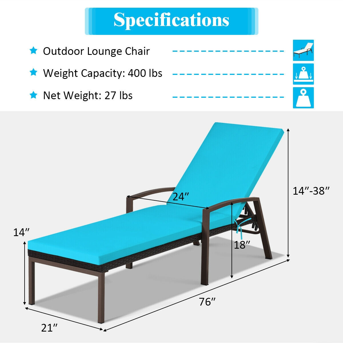 Rattan Chaise Lounge Recliner, Adjustable Back, Cushioned, Turquoise Outdoor Chaise Lounges at Gallery Canada