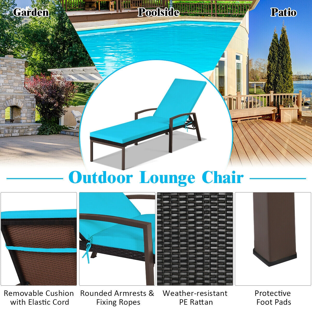 Rattan Chaise Lounge Recliner, Adjustable Back, Cushioned, Turquoise Outdoor Chaise Lounges at Gallery Canada