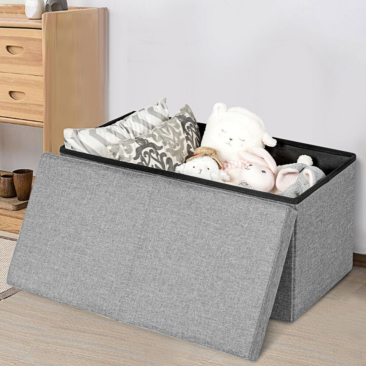 30 Inch Folding Storage Ottoman, Lift Top, Light Gray Shoe Racks & Storage Benches at Gallery Canada