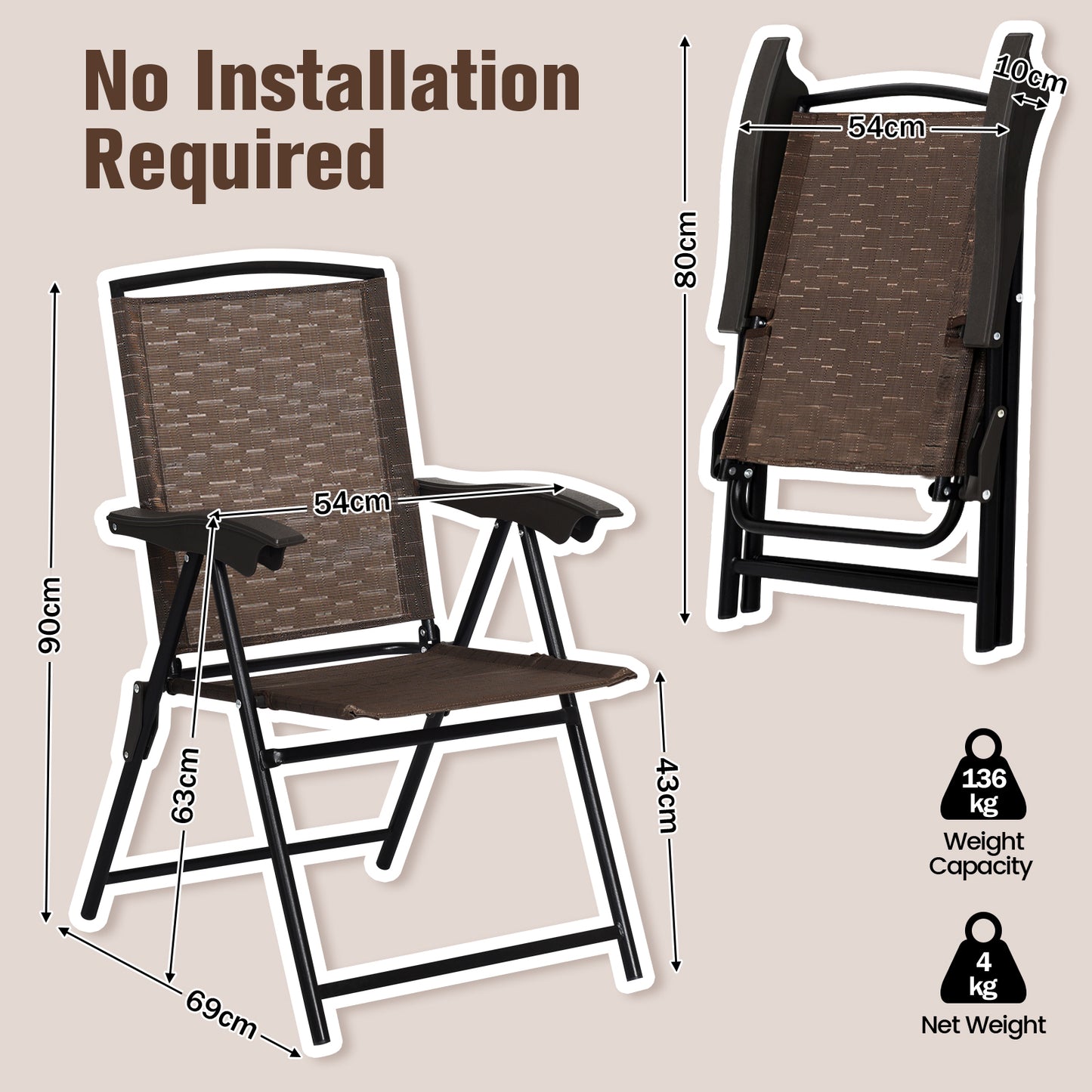4 Folding Dining Chairs, Steel Armrests, Sling Back, Brown Patio Dining Chairs at Gallery Canada