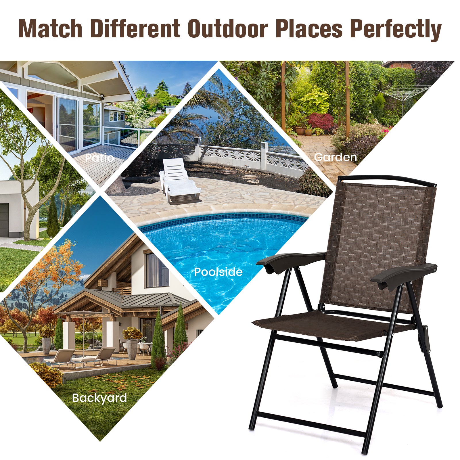 4 Folding Dining Chairs, Steel Armrests, Sling Back, Brown Patio Dining Chairs at Gallery Canada