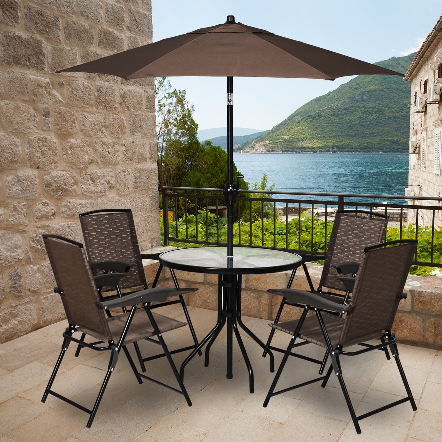 4 Folding Dining Chairs, Steel Armrests, Sling Back, Brown Patio Dining Chairs at Gallery Canada