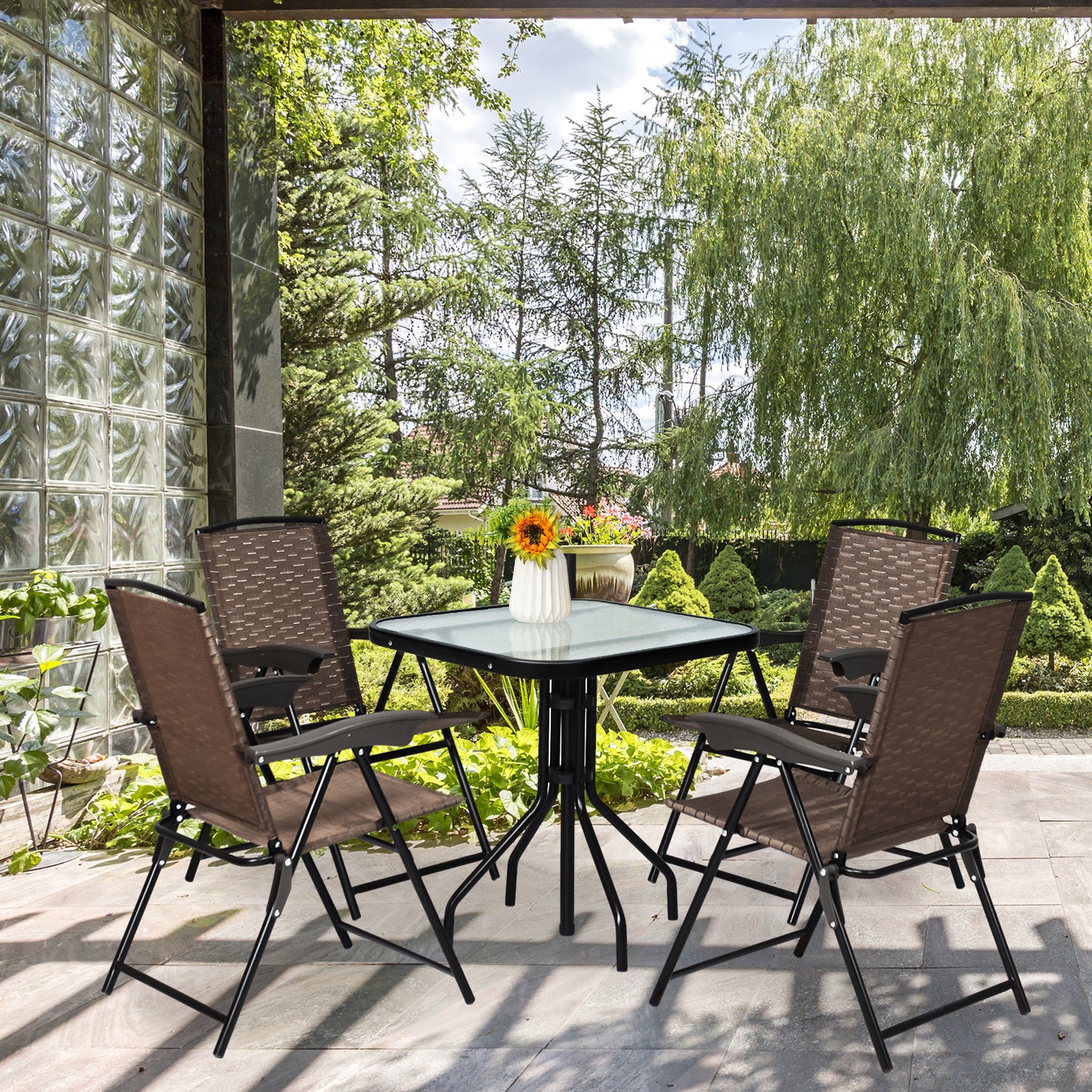4 Folding Dining Chairs, Steel Armrests, Sling Back, Brown Patio Dining Chairs at Gallery Canada