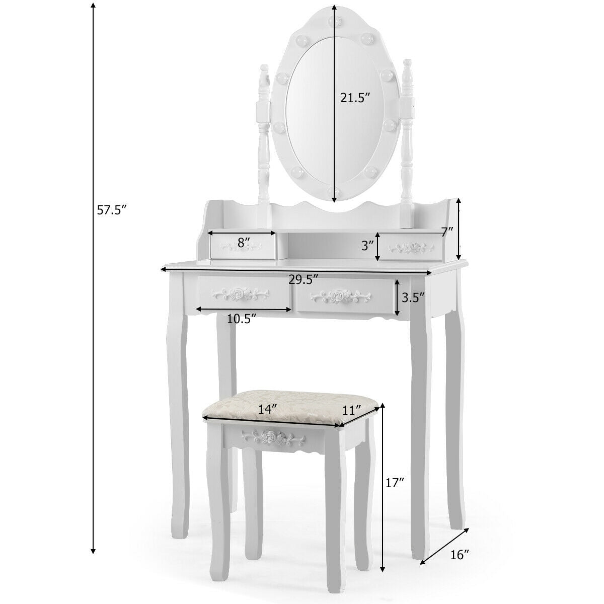 Makeup Vanity Dressing Table Set With Dimmable Bulbs, White Makeup Vanities at Gallery Canada