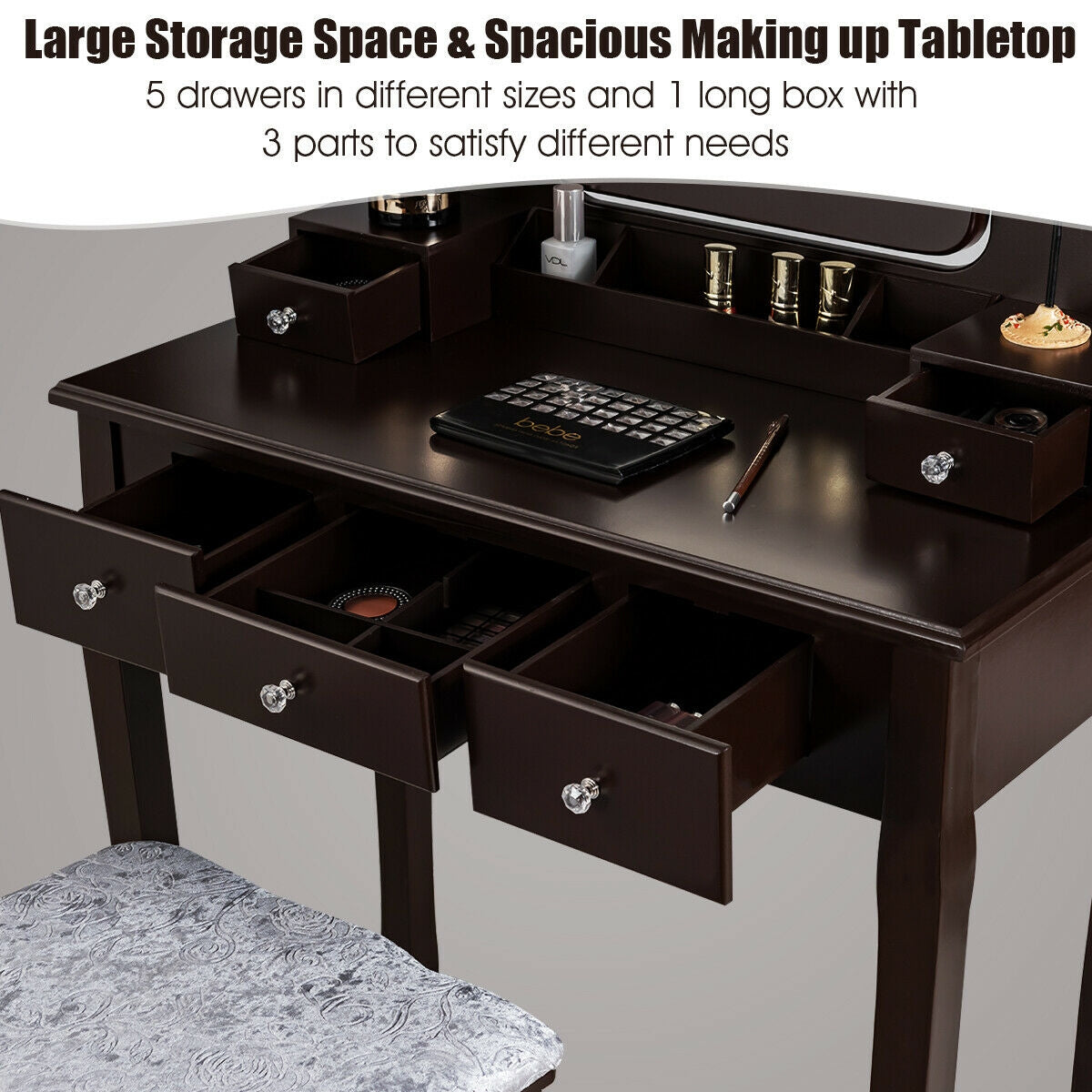 Vanity Dressing Table Set With 10 Dimmable Bulbs, Cushioned Stool, Brown Makeup Vanities at Gallery Canada