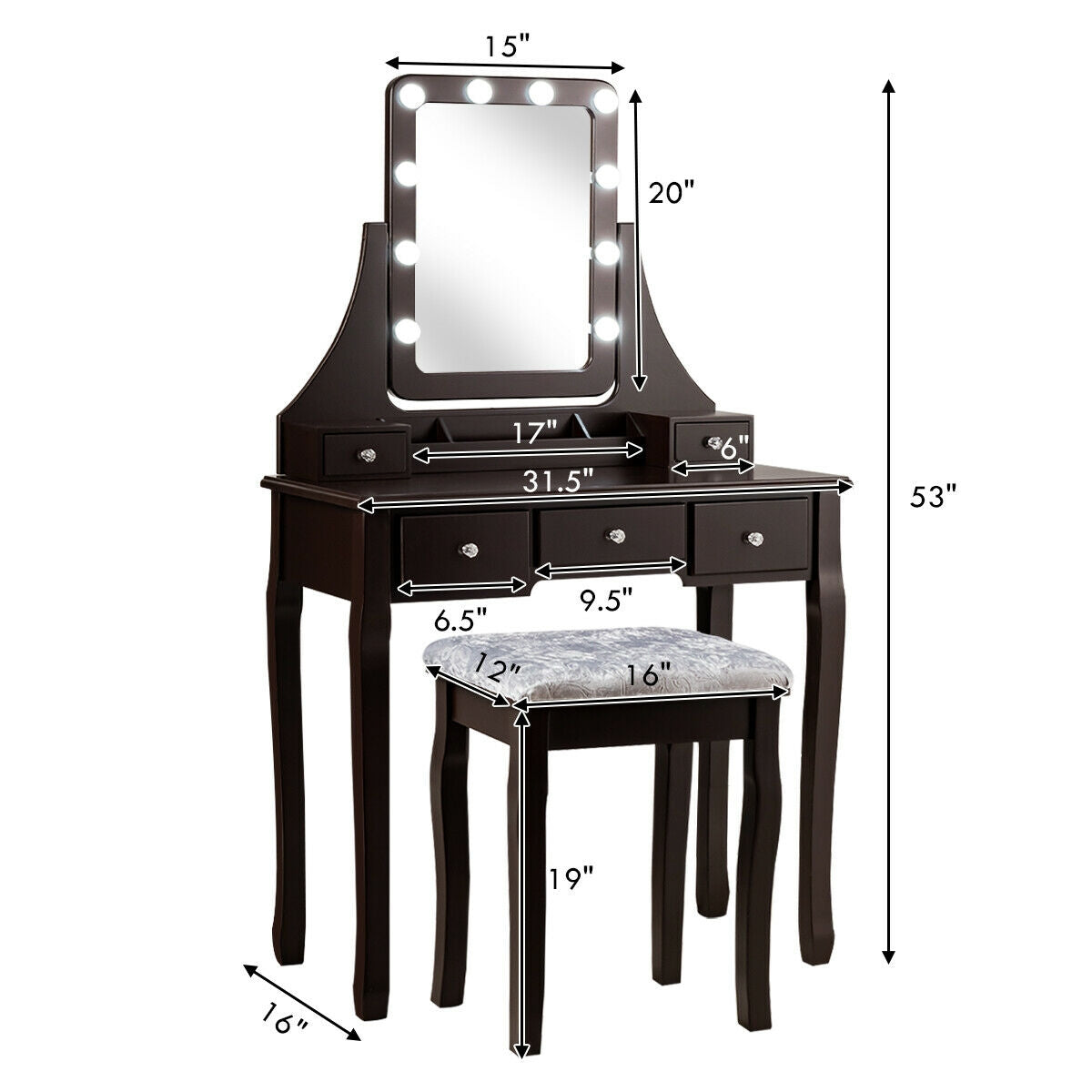 Vanity Dressing Table Set With 10 Dimmable Bulbs, Cushioned Stool, Brown Makeup Vanities at Gallery Canada