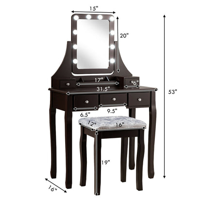 Vanity Dressing Table Set With 10 Dimmable Bulbs, Cushioned Stool, Brown Makeup Vanities at Gallery Canada