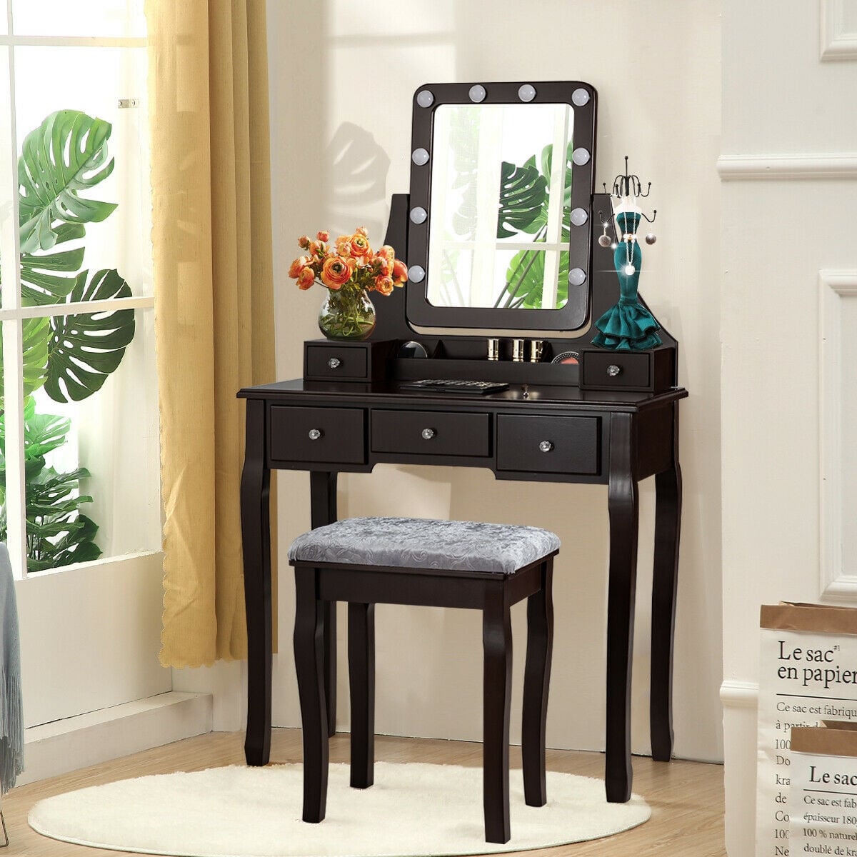 Vanity Dressing Table Set With 10 Dimmable Bulbs, Cushioned Stool, Brown Makeup Vanities at Gallery Canada