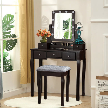 Vanity Dressing Table Set With 10 Dimmable Bulbs, Cushioned Stool, Brown Makeup Vanities at Gallery Canada