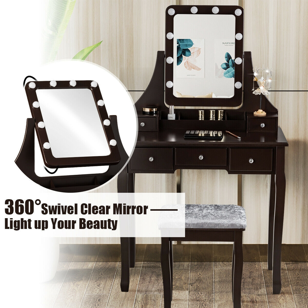 Vanity Dressing Table Set With 10 Dimmable Bulbs, Cushioned Stool, Brown Makeup Vanities at Gallery Canada
