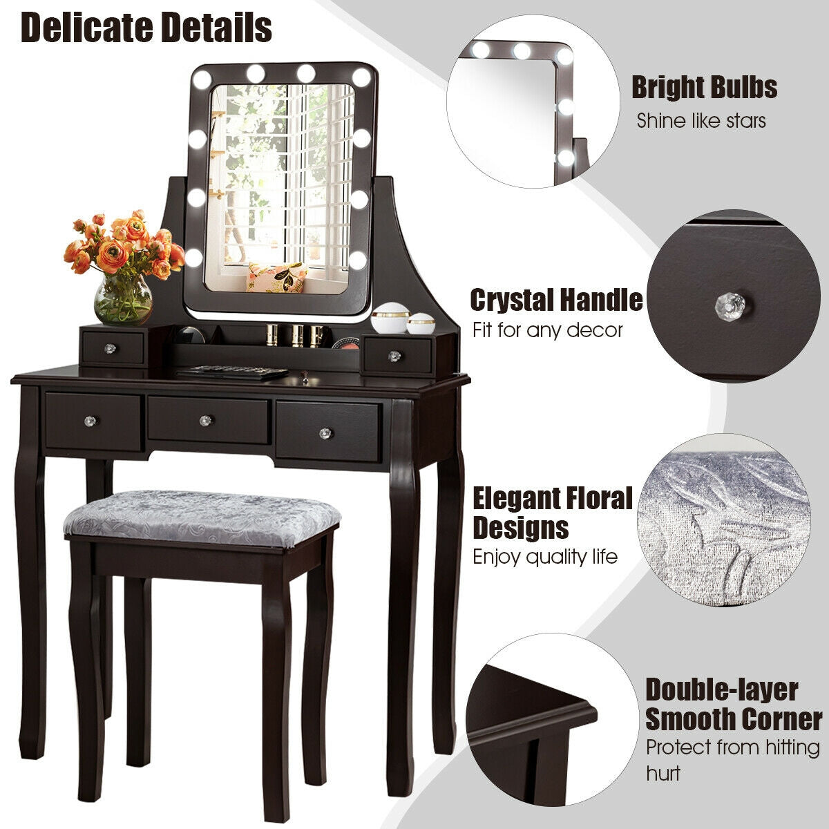 Vanity Dressing Table Set With 10 Dimmable Bulbs, Cushioned Stool, Brown Makeup Vanities at Gallery Canada