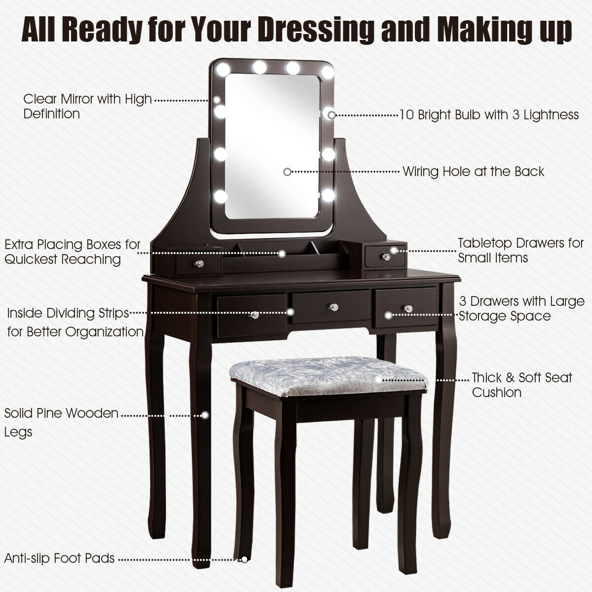 Vanity Dressing Table Set With 10 Dimmable Bulbs, Cushioned Stool, Brown Makeup Vanities at Gallery Canada