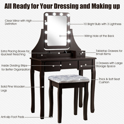 Vanity Dressing Table Set With 10 Dimmable Bulbs, Cushioned Stool, Brown Makeup Vanities at Gallery Canada