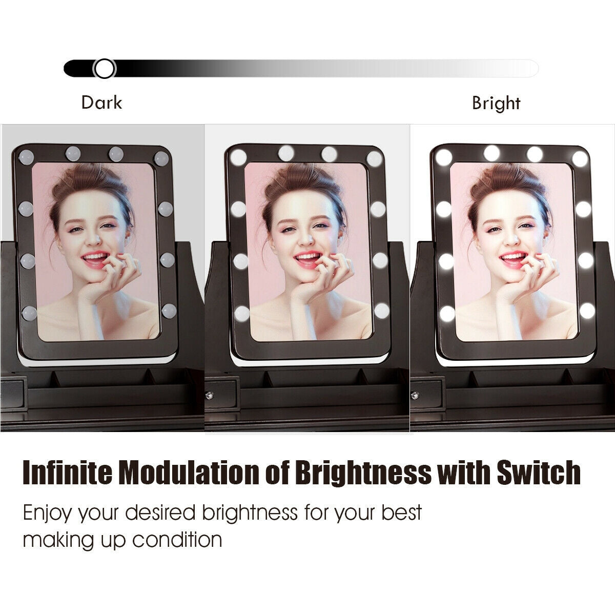 Vanity Dressing Table Set With 10 Dimmable Bulbs, Cushioned Stool, Brown Makeup Vanities at Gallery Canada