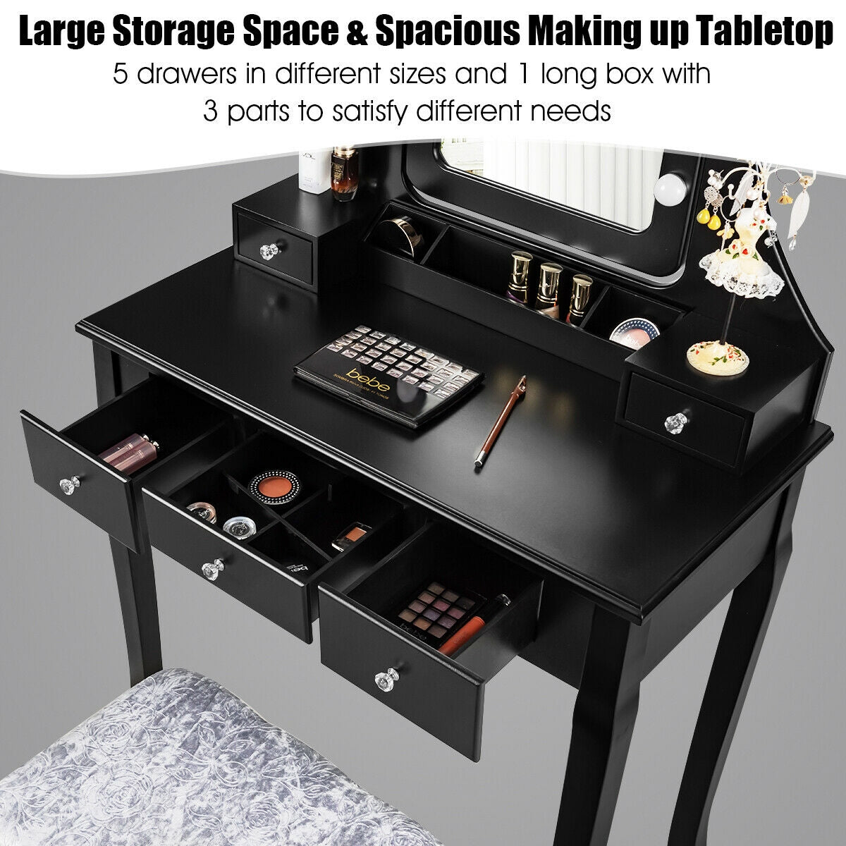Vanity Dressing Table Set with 10 Dimmable Bulbs and Cushioned Stool, Black Makeup Vanities at Gallery Canada