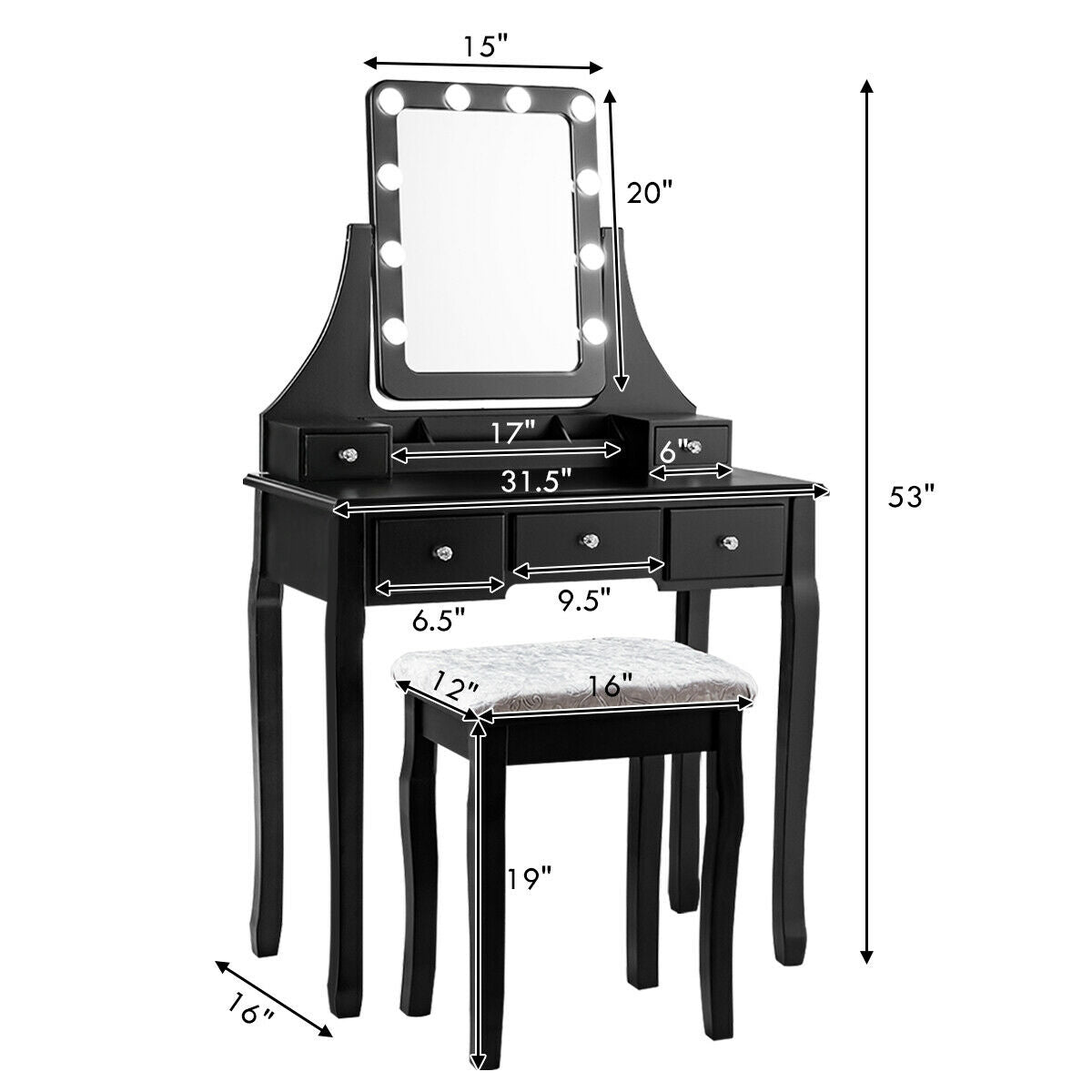 Vanity Dressing Table Set with 10 Dimmable Bulbs and Cushioned Stool, Black Makeup Vanities at Gallery Canada