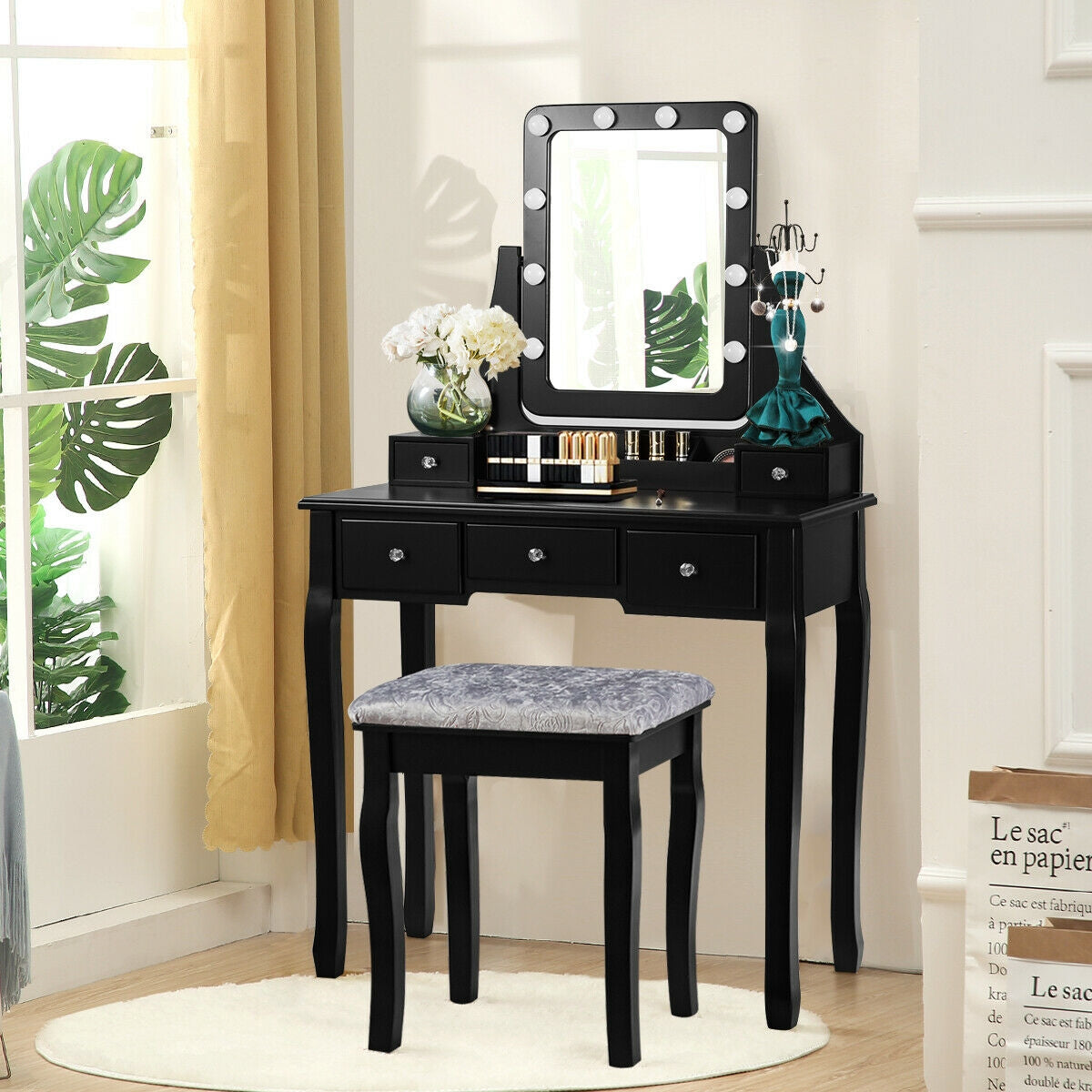 Vanity Dressing Table Set with 10 Dimmable Bulbs and Cushioned Stool, Black Makeup Vanities at Gallery Canada