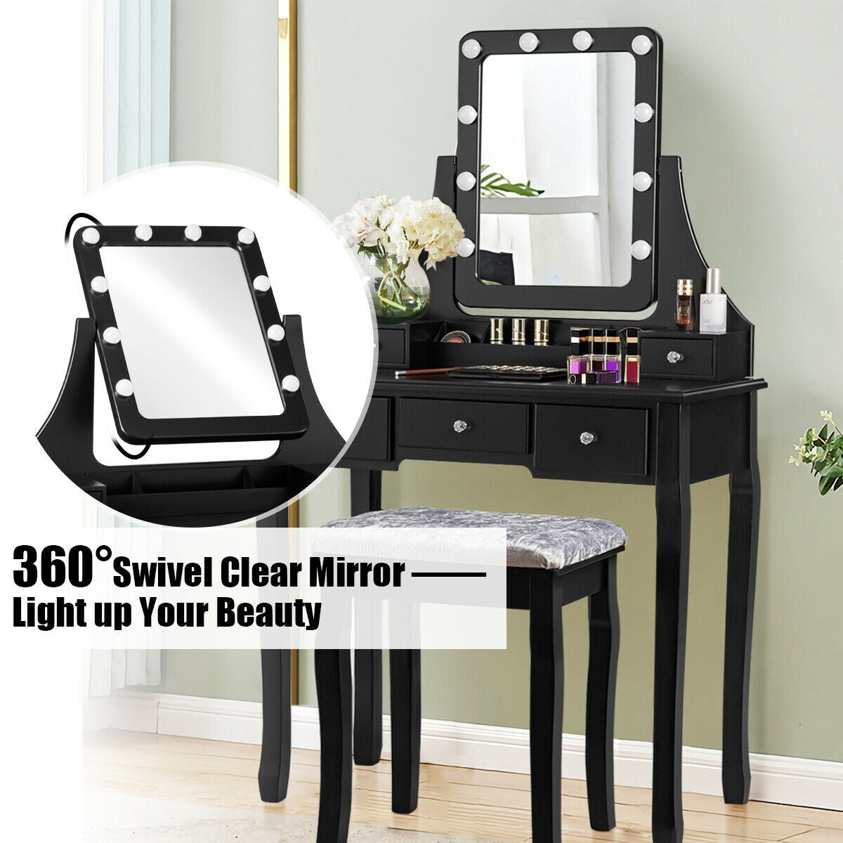 Vanity Dressing Table Set with 10 Dimmable Bulbs and Cushioned Stool, Black Makeup Vanities at Gallery Canada
